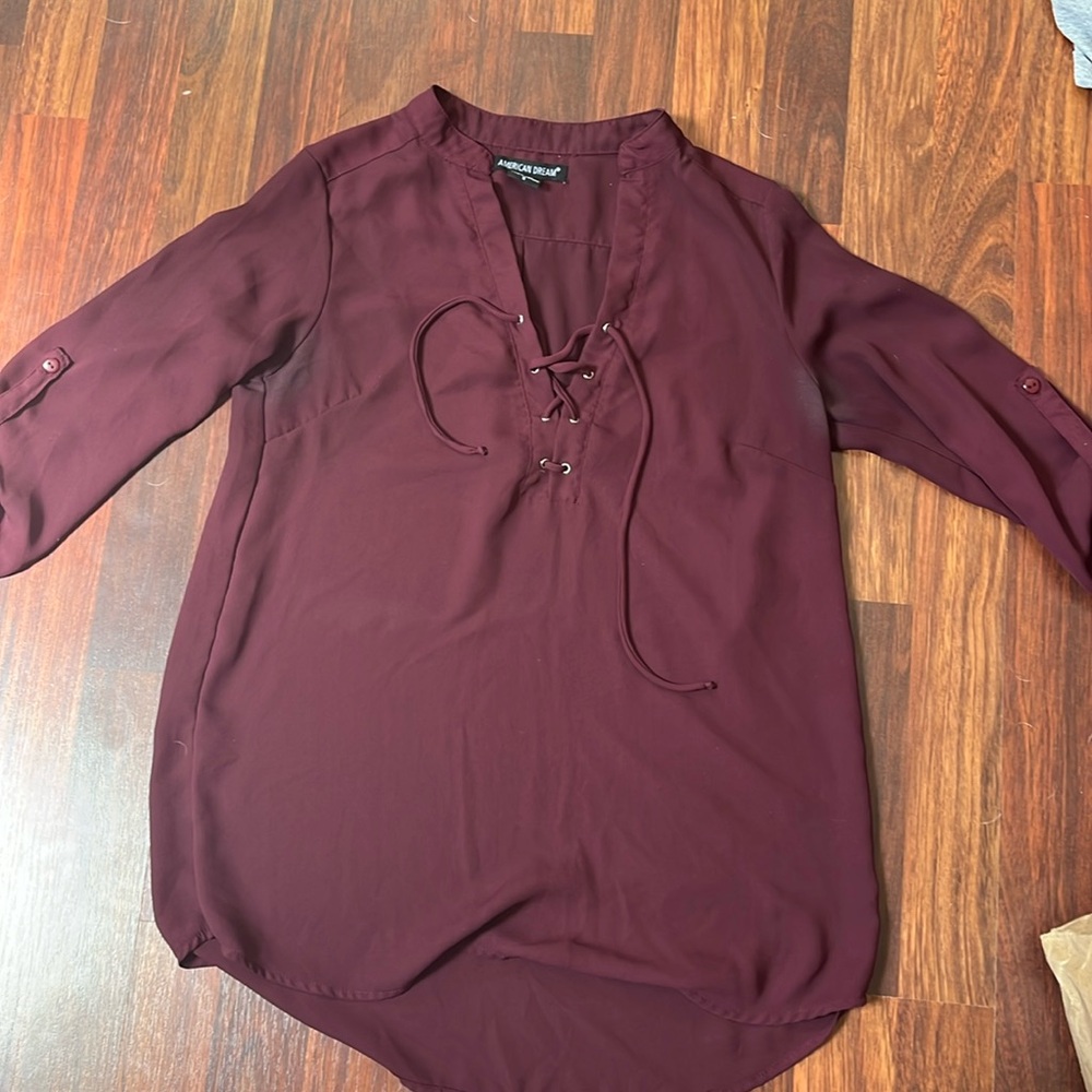 burgundy button down blouse half sleeve button